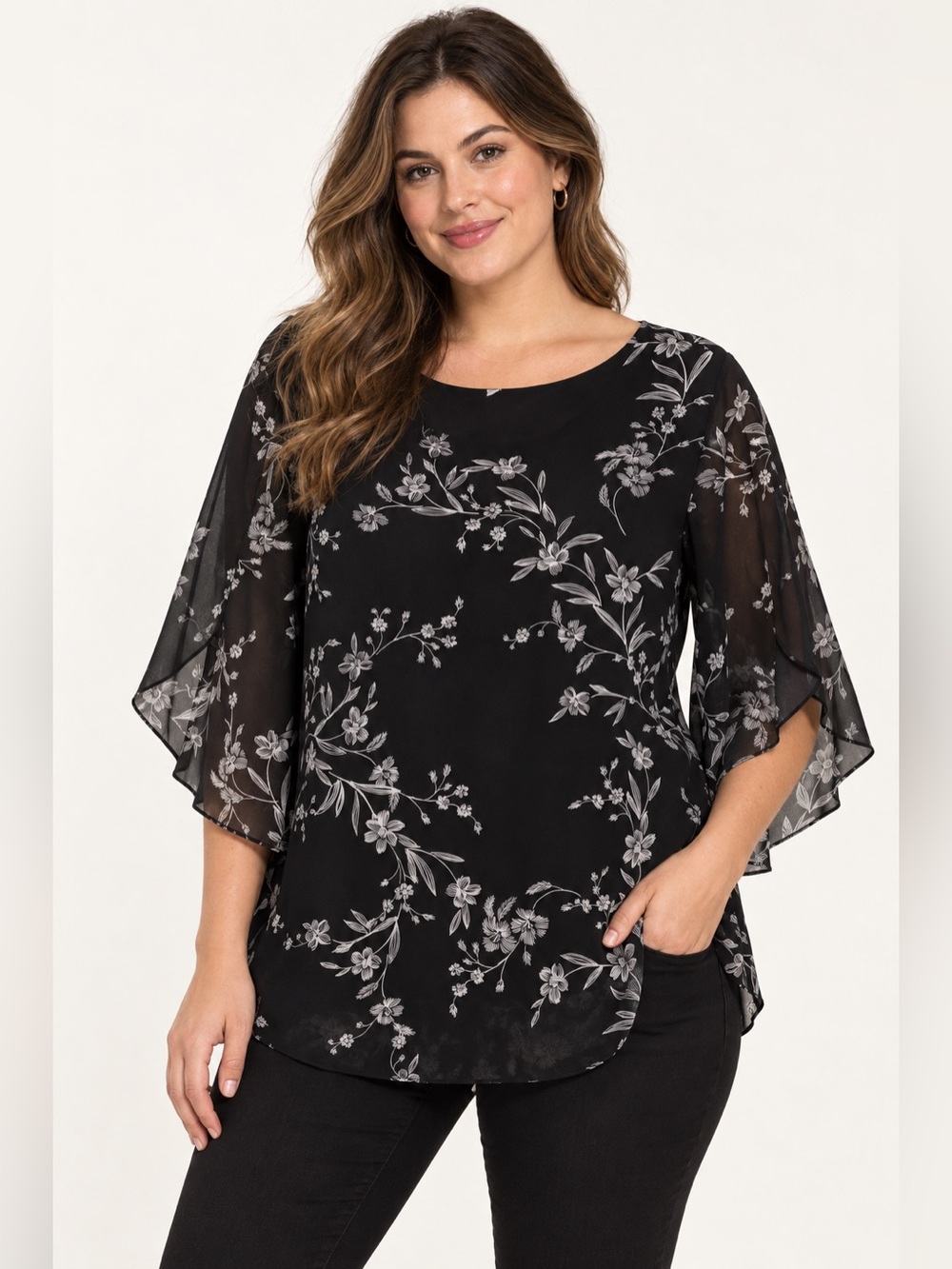 Black Floral Sheer-Sleeve Blouse